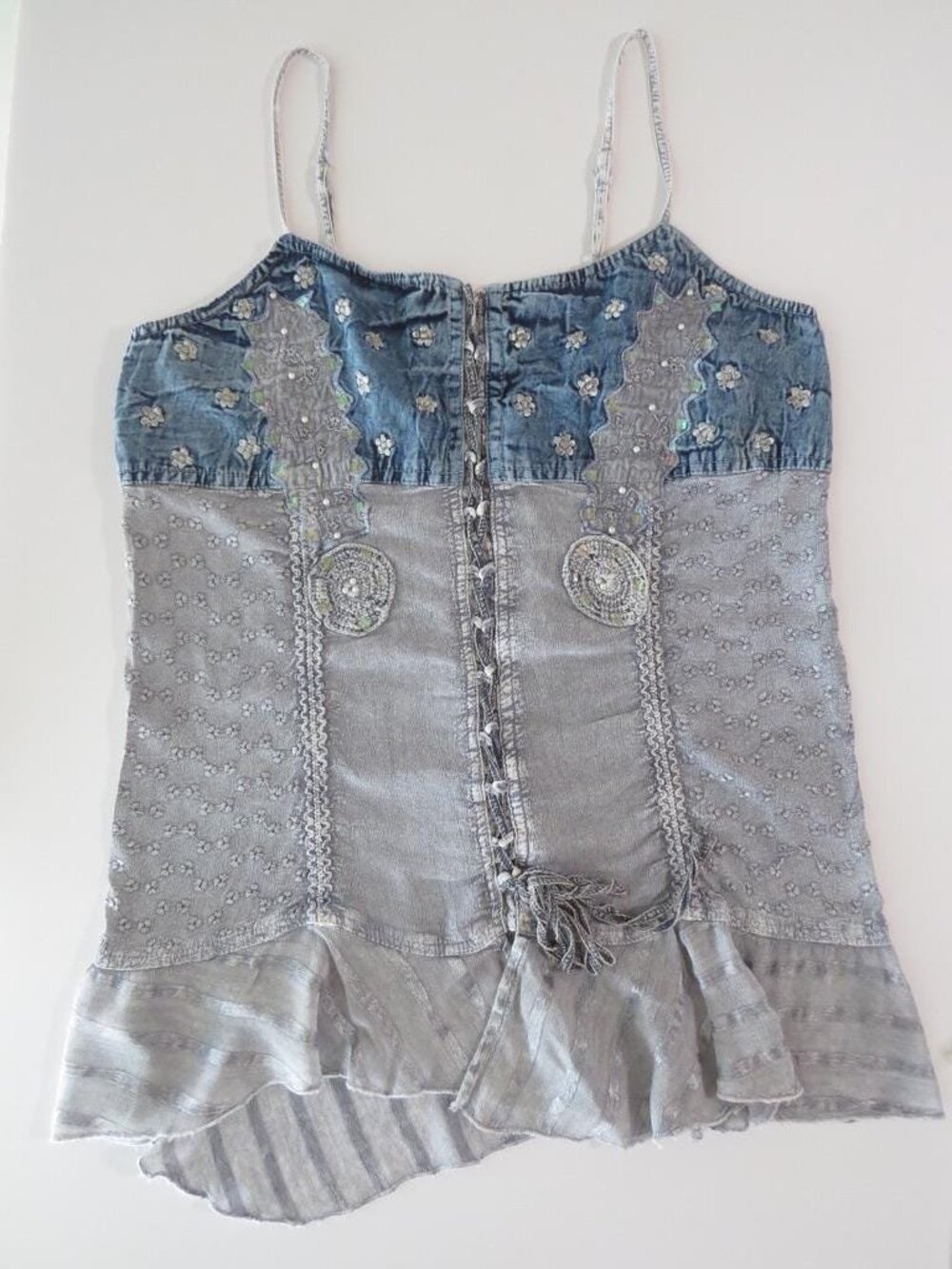 Vintage Italian Positano Jean Paul Embroidered Corset Cami, Mixed Media Denim, S